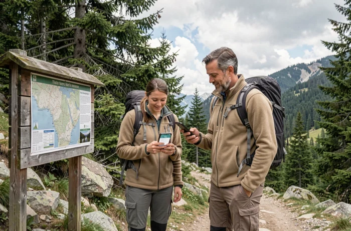 Couple de randonneurs comparant des assurances voyage sur smartphone en montagne