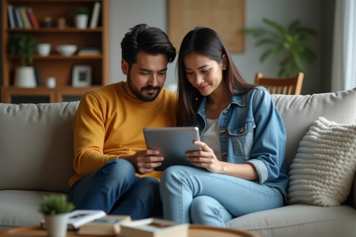 Couple recherchant ensemble un appartement à louer sur une plateforme immobilière via tablette