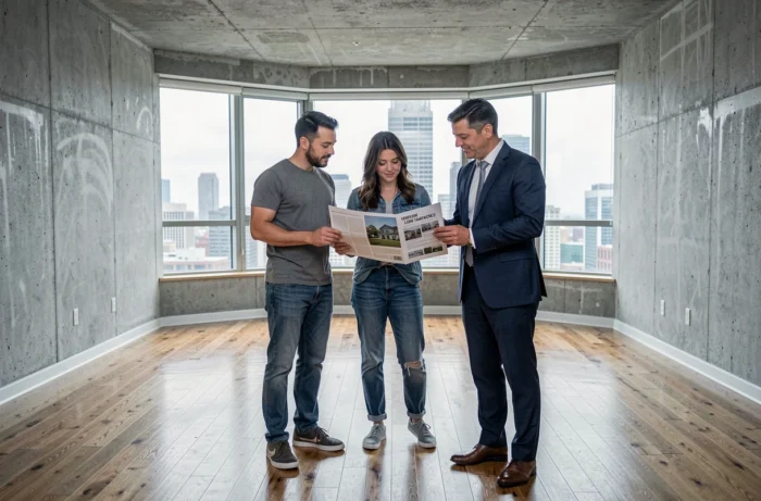 Couple visitant un appartement vide avec un agent immobilier lors d'une visite pour un projet d'achat immobilier
