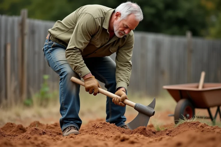Homme utilisant un pic pour creuser une terre dure et argileuse dans un jardin