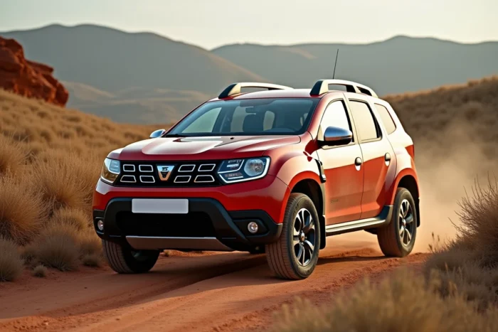 Dacia Duster rouge sur un chemin de terre en milieu rural avec terrain accidenté