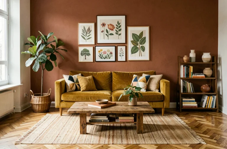Salon moderne décoré avec un canapé velours moutarde, un mur accent terracotta et des plantes en pot dans un appartement au parquet en chevrons