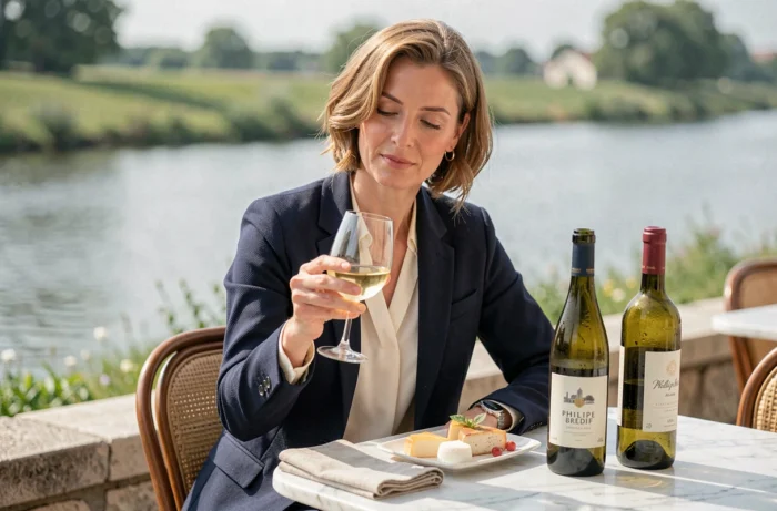 Femme élégante dégustant un vin blanc Philippe Bredif en terrasse face à la Loire par une journée lumineuse