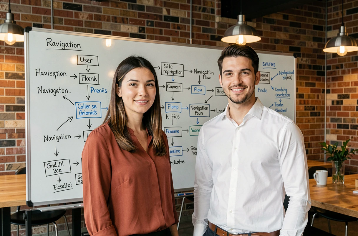 Two UX designers collaborating on a site structure map in front of a whiteboard in a creative studio