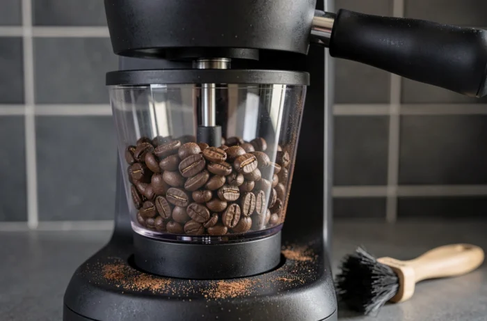 Gros plan sur le réservoir à grains et le broyeur de la Melitta Caffeo Solo E950-222 avec des grains de café torréfiés
