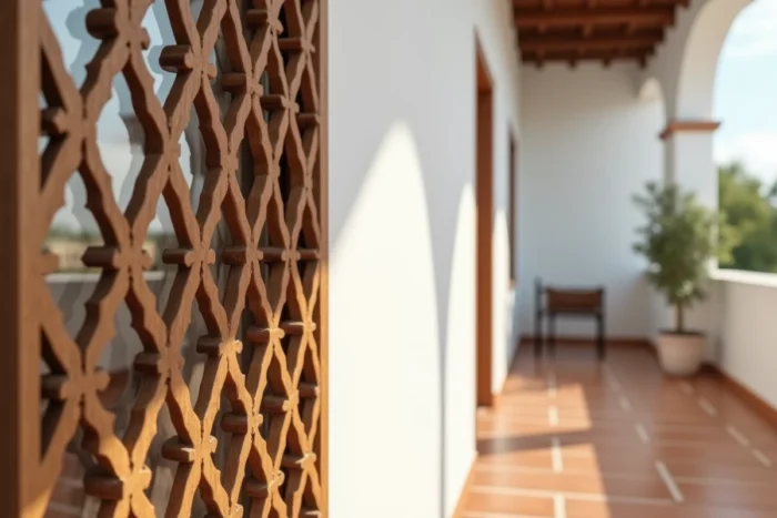 Gros plan sur les motifs géométriques d'un moucharabieh en bois projetant des ombres décoratives sur un mur blanc intérieur