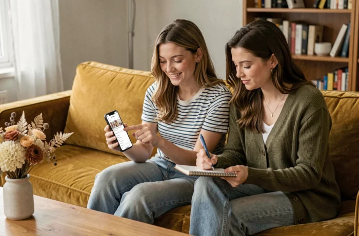 Deux jeunes femmes sur un canapé en velours moutarde explorant ensemble la page sitemap d'un blog beauté sur smartphone