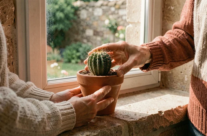 Deux mains tenant ensemble un cactus sur un rebord de fenêtre en pierre, métaphore de l'affection prudente et de la protection en amour