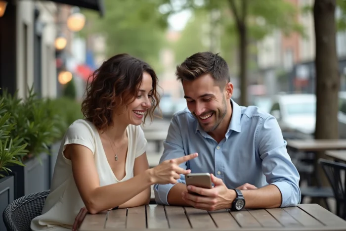Deux adultes partageant un smartphone en terrasse pour découvrir ensemble les meilleures astuces de l'application Faljam sur mobile