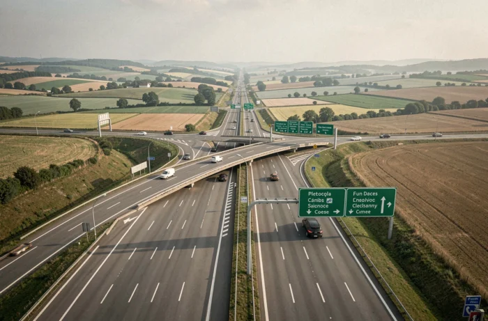 Vue aérienne d'un échangeur d'autoroute en France avec panneaux directionnels verts et campagne environnante