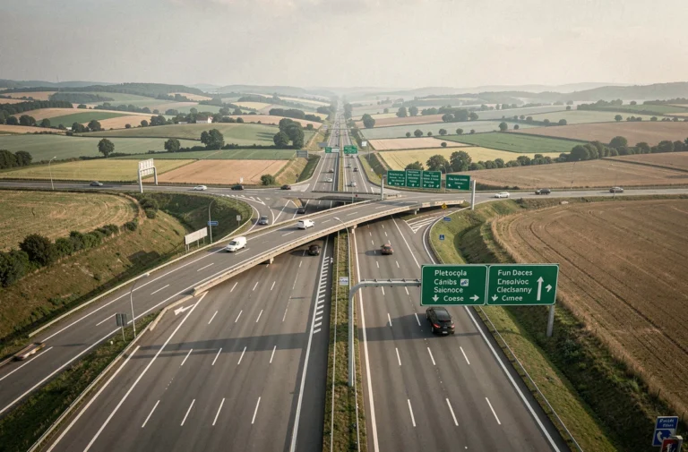 Vue aérienne d'un échangeur d'autoroute en France avec panneaux directionnels verts et campagne environnante