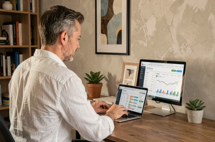 Entrepreneur travaillant seul sur une stratégie SEO et webmarketing depuis son bureau à domicile