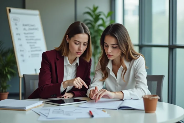Deux femmes professionnelles collaborant autour d'une tablette pour répondre aux questions et demandes clients