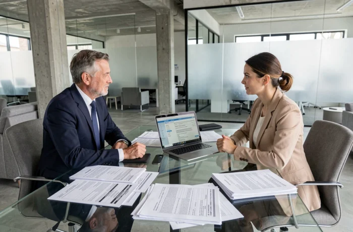 Avocat et collaboratrice juridique analysant des formulaires de procédure civile en cabinet moderne, en référence aux règles de l'article 46 du Code de procédure civile