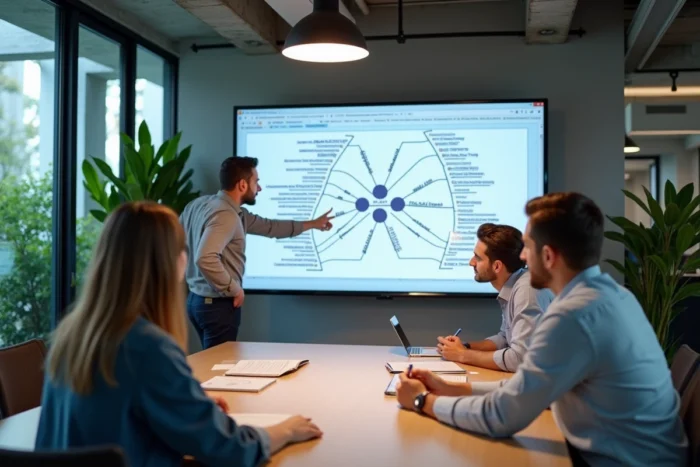 Équipe de professionnels analysant une carte mentale de stratégies de sites miroirs et d'URLs alternatives dans un espace de coworking moderne