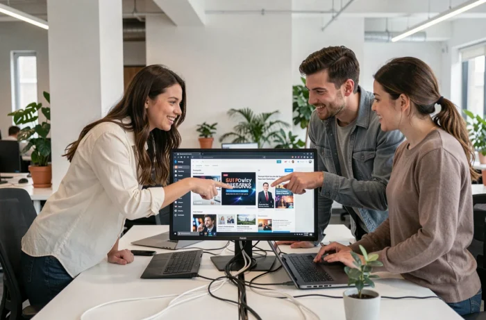 Groupe de professionnels analysant ensemble les tendances et actualités du web dans un espace de coworking