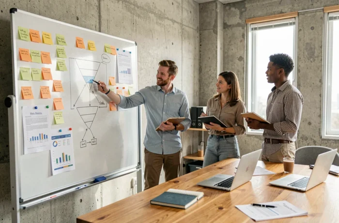 Équipe marketing collaborant autour d'un tableau blanc pour élaborer une stratégie de visibilité en ligne