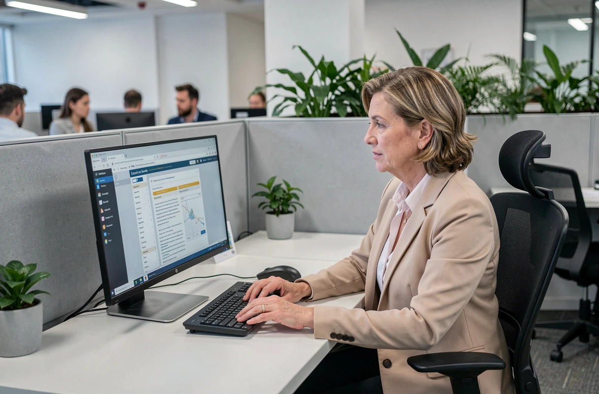 Femme vérifiant son espace bénéficiaire Logisfil sur un ordinateur de bureau dans un environnement de bureau professionnel