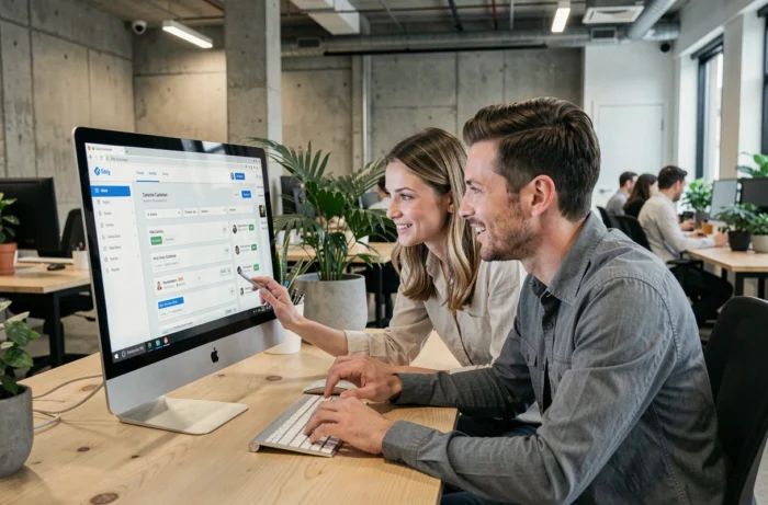 Deux collègues consultant ensemble un espace client sur un écran d'ordinateur dans un bureau professionnel