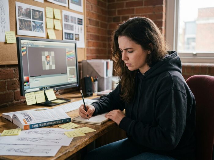 Étudiante en formation de création de jeux vidéo prenant des notes sur le game design dans un studio universitaire