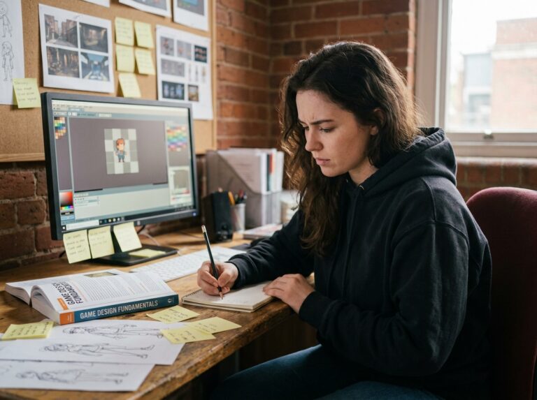 Étudiante en formation de création de jeux vidéo prenant des notes sur le game design dans un studio universitaire