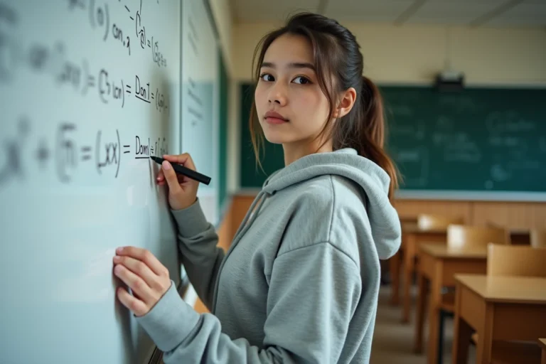 Étudiante en mathématiques écrivant les formules trigonométriques cos a cos b et sin a sin b sur un tableau blanc en salle de cours