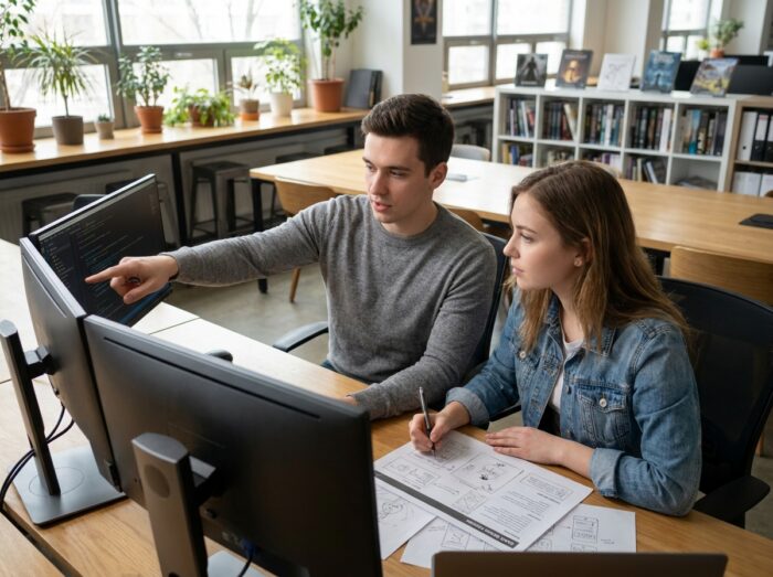 Deux étudiants collaborant sur un projet de jeu vidéo dans un espace de travail créatif partagé