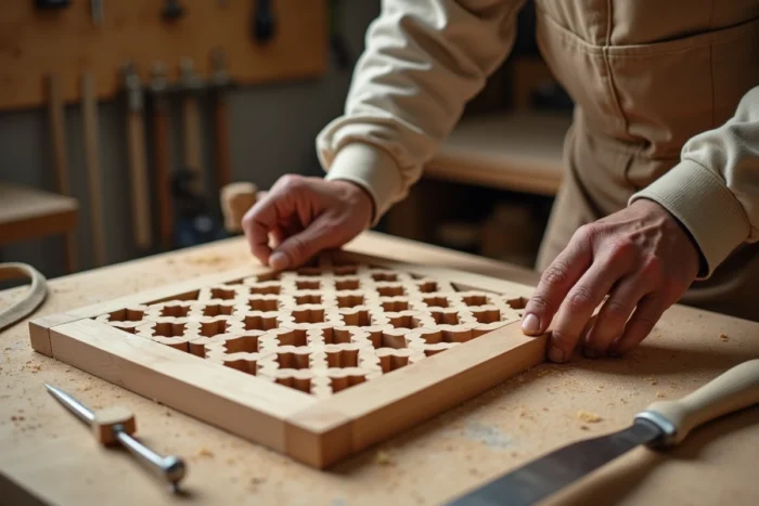 Artisan assemblant à la main les pièces d'un moucharabieh en bois dans un atelier de menuiserie avec outils traditionnels