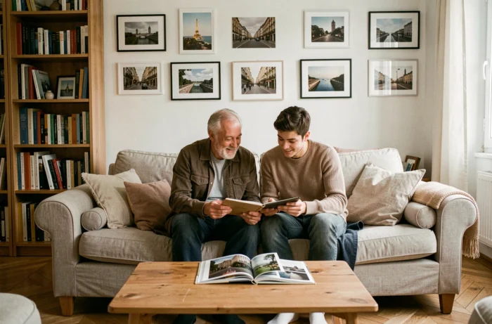 Scène familiale chaleureuse dans un appartement parisien moderne avec albums photo de voyage, illustrant la famille et la vie personnelle de Philippe Gougler