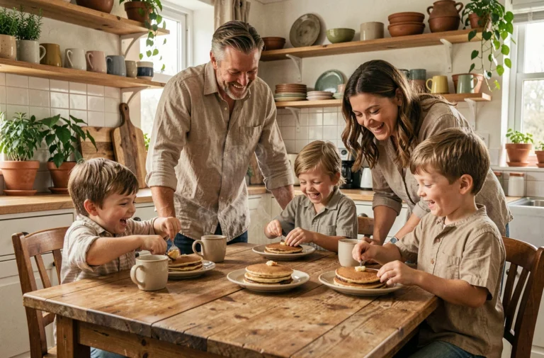 Famille réunie autour d'une table de cuisine pour un petit-déjeuner du dimanche, parents et enfants riant ensemble dans une atmosphère chaleureuse et authentique