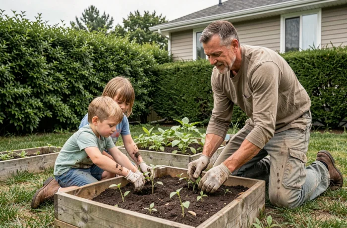 Père et enfants jardinent ensemble dans un potager familial en plein air, activité éducative et moment de partage en famille