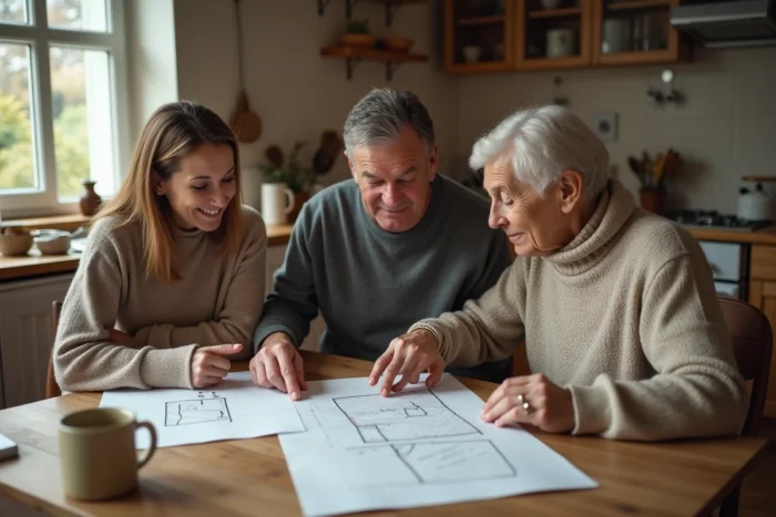 Membres d'une famille en indivision discutant des documents de partage d'un terrain autour d'une table familiale