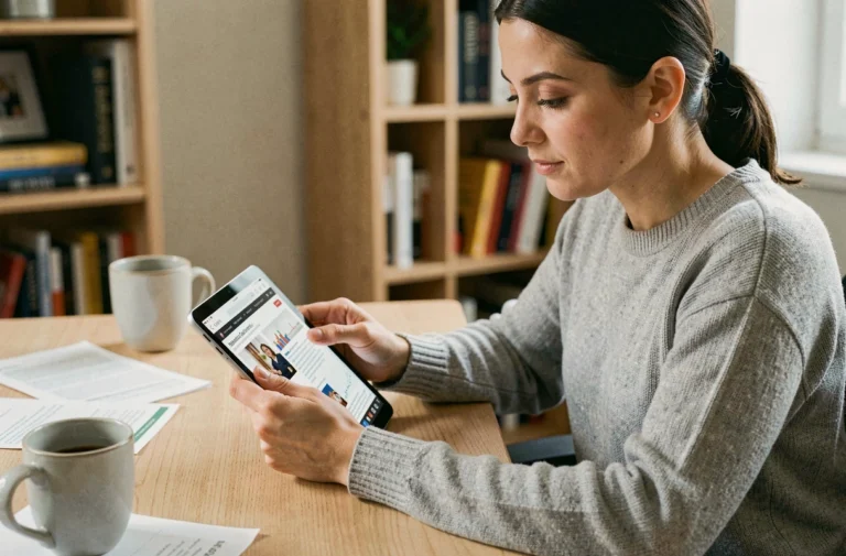 Femme consultant les tendances et actualités du web sur une tablette dans un bureau à domicile moderne