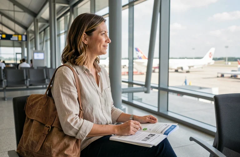 Femme assise dans un aéroport consultant ses documents d'assurance voyage avant l'embarquement