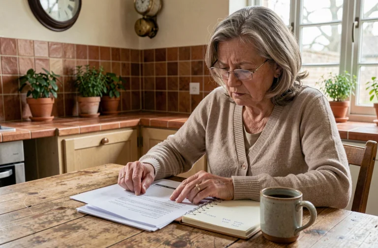 Femme âgée révisant les documents du tarif horaire ADMR 2026 à sa table de cuisine