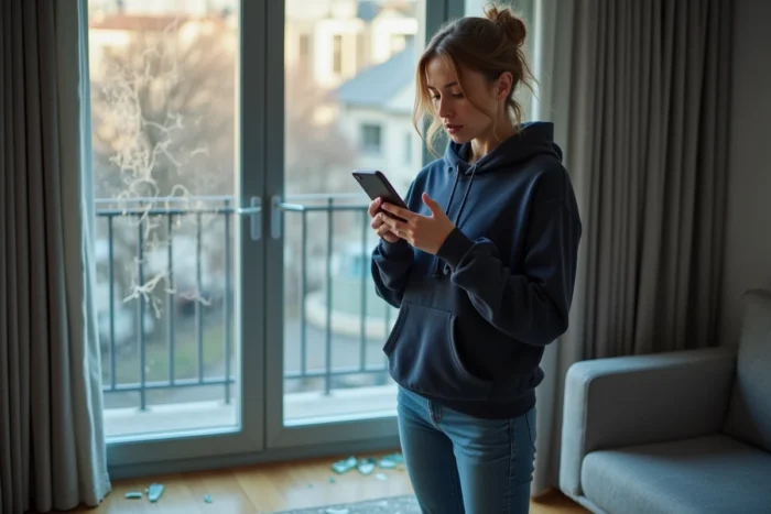 Woman calling a glazier from her living room after a broken window, glass shards visible on the floor