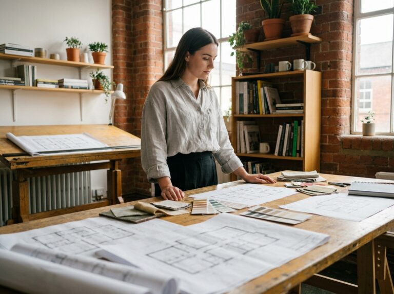 Jeune femme architecte d'intérieur debout devant une table à dessin avec plans et échantillons de matières dans un studio créatif