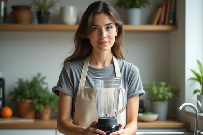 Femme inspectant attentivement un blender professionnel dans une cuisine d'appartement moderne
