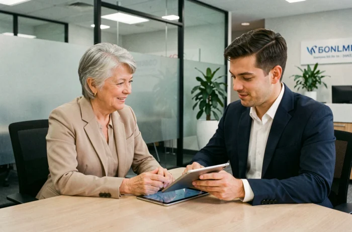 Une femme retraitée en discussion avec un conseiller lors de son inscription aux services du CCUES SG