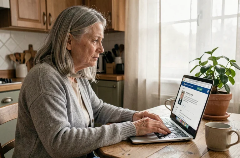 Femme âgée consultant des avis de décès sur le site Libra Memoria depuis son ordinateur portable dans une cuisine chaleureuse