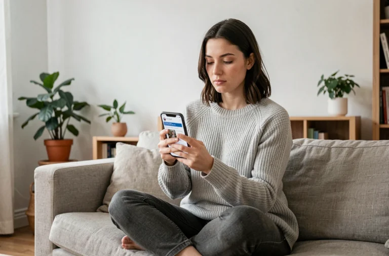 Jeune femme consultant discrètement des stories Instagram sur son smartphone depuis son canapé à domicile