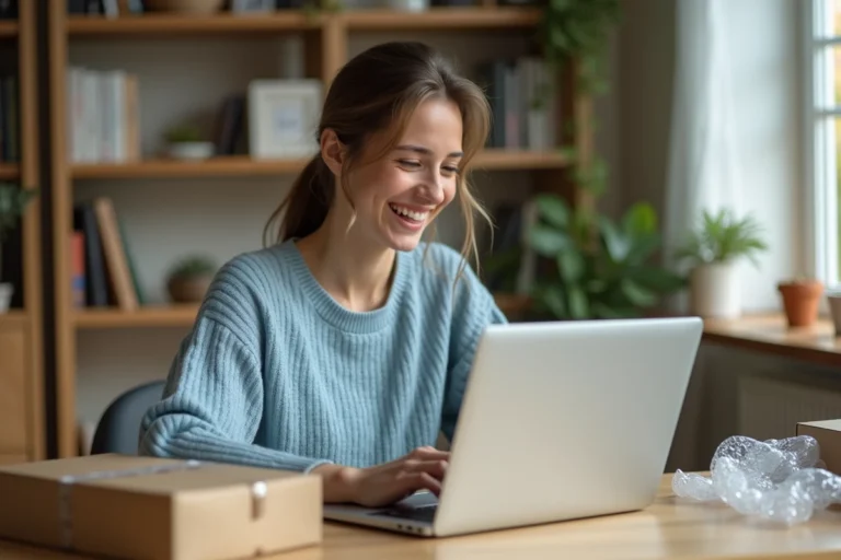 Jeune femme déballant un ordinateur portable gratuit dans un bureau à domicile cosy