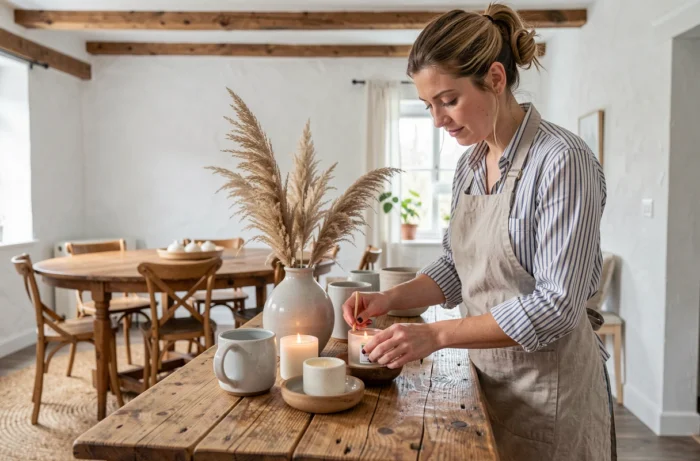 Femme arrangeant une composition décorative avec des céramiques et de l'herbe de pampa sur un buffet en chêne dans une salle à manger scandinave