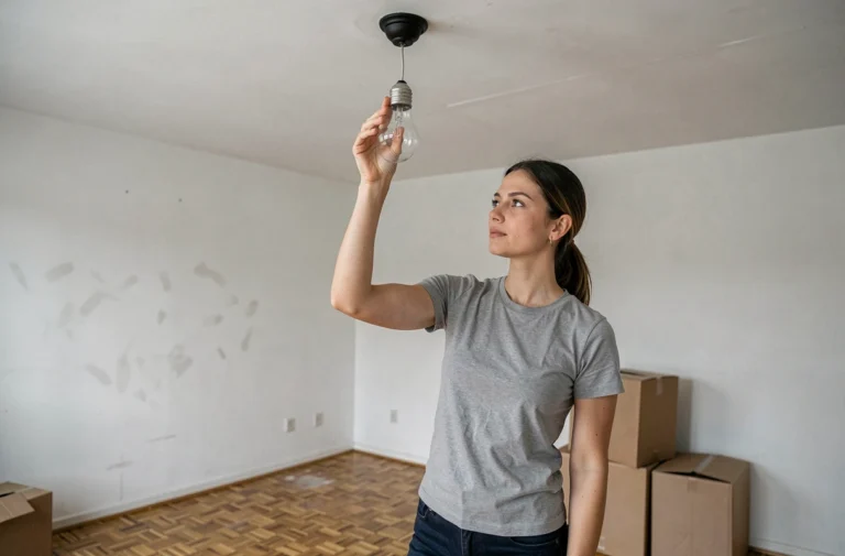 Femme qui dévisse une ampoule lors d'un déménagement dans un appartement vide