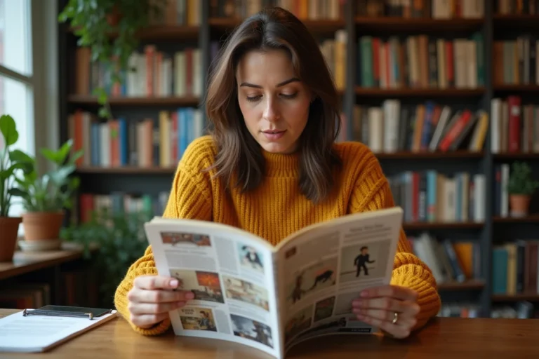 Femme fascinée lisant un magazine insolite dans une bibliothèque chaleureuse