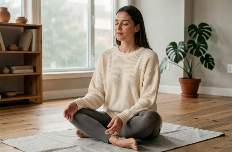 Femme pratiquant la méditation assise sur un tapis de yoga dans un studio minimaliste, illustrant le bien-être et le développement personnel