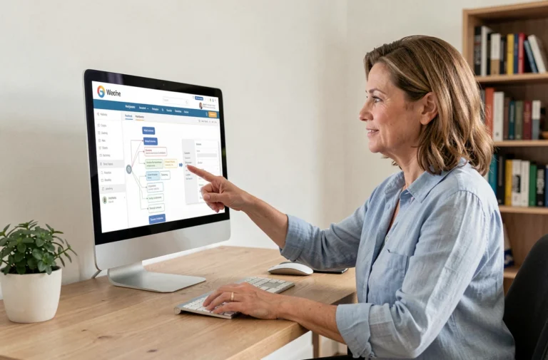 Femme naviguant sur la carte du site Irist Santé depuis un bureau à domicile