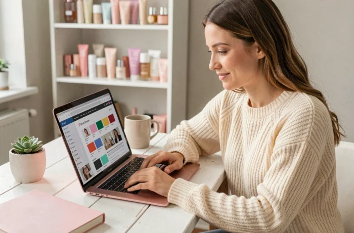 Jeune femme naviguant sur la page sitemap d'un blog beauté depuis son bureau en bois blanc avec un ordinateur portable rose gold
