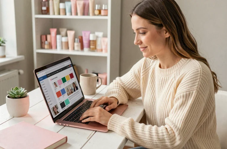 Jeune femme naviguant sur la page sitemap d'un blog beauté depuis son bureau en bois blanc avec un ordinateur portable rose gold