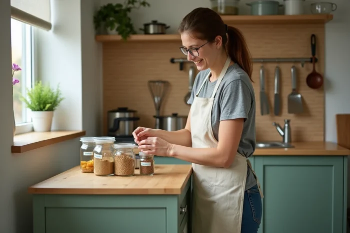 Femme organisant sa petite cuisine Ikea avec des rangements astucieux, bocaux en verre et tableau perforé pour ustensiles